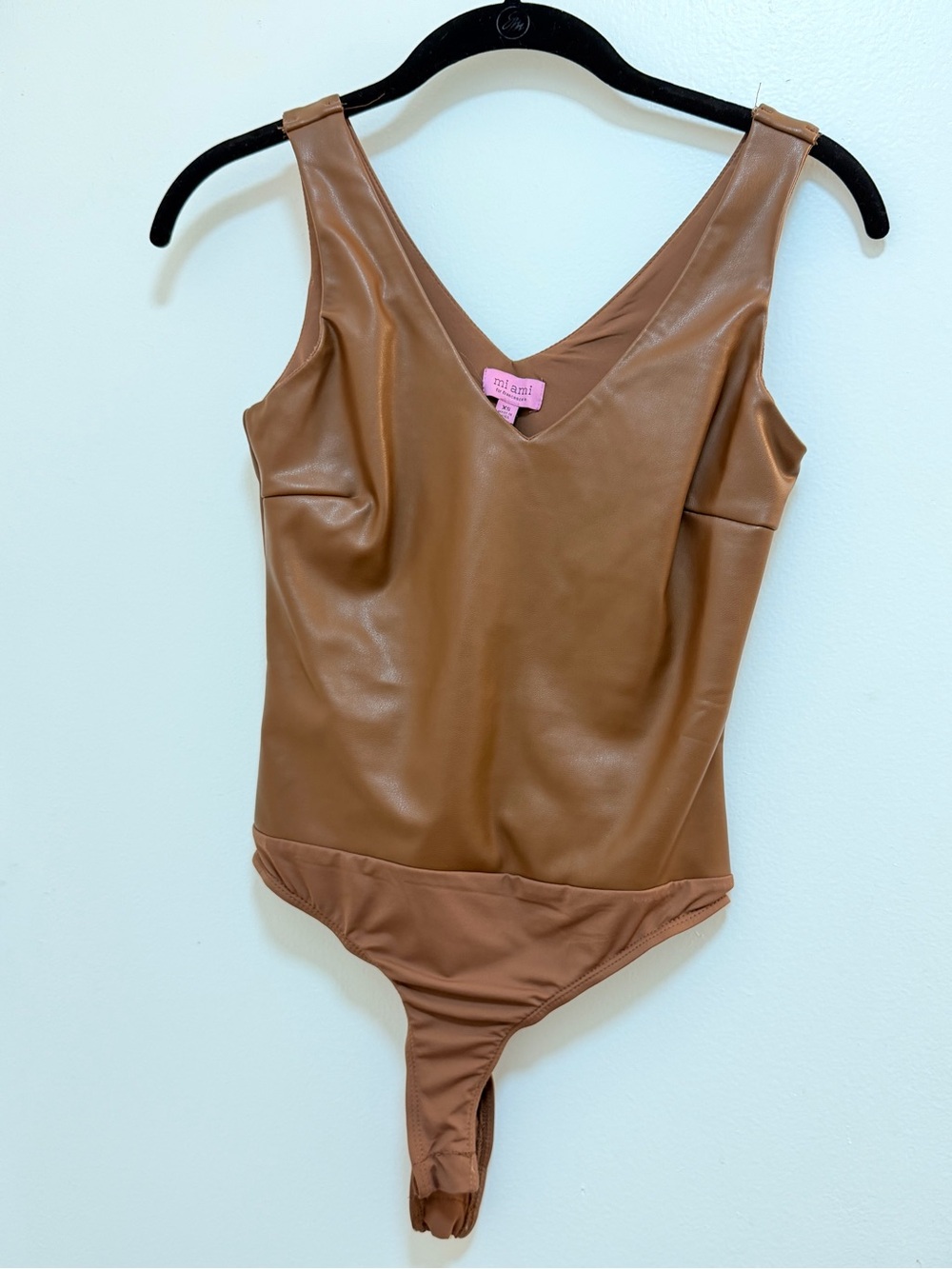 Francesca's Collections Brown Faux Leather V-Neck Bodysuit